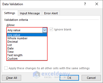 Allow in Data Validation Dialogue Box