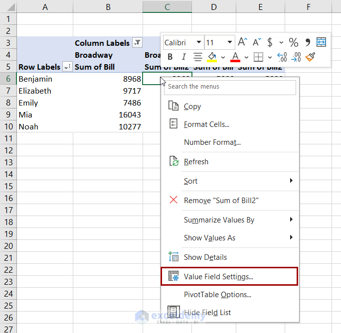 value field settings in the pivot table context menu