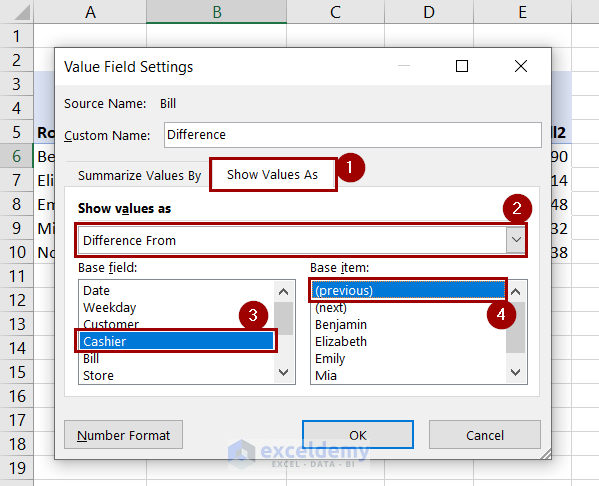 selecting options to calculate difference in pivot table