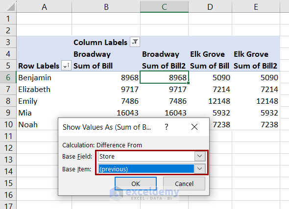 selecting difference calculation option from the dialog box
