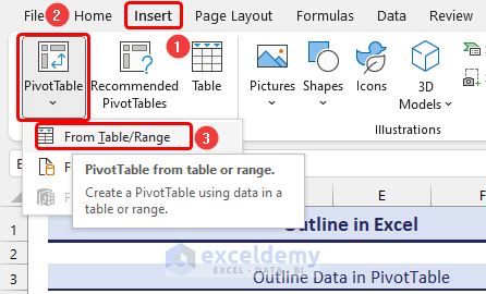 Inserting PivotTable to Outline Data