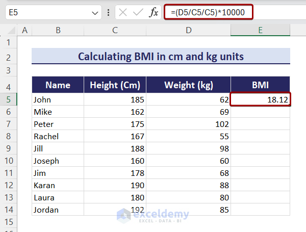 calcualating BMI from cm and kg