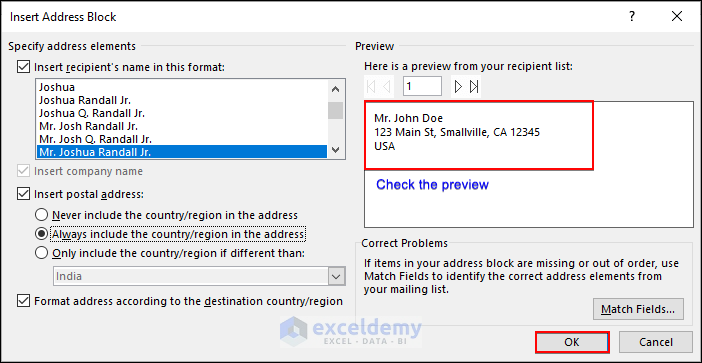 Checking the Address Block Preview for Mail Merge