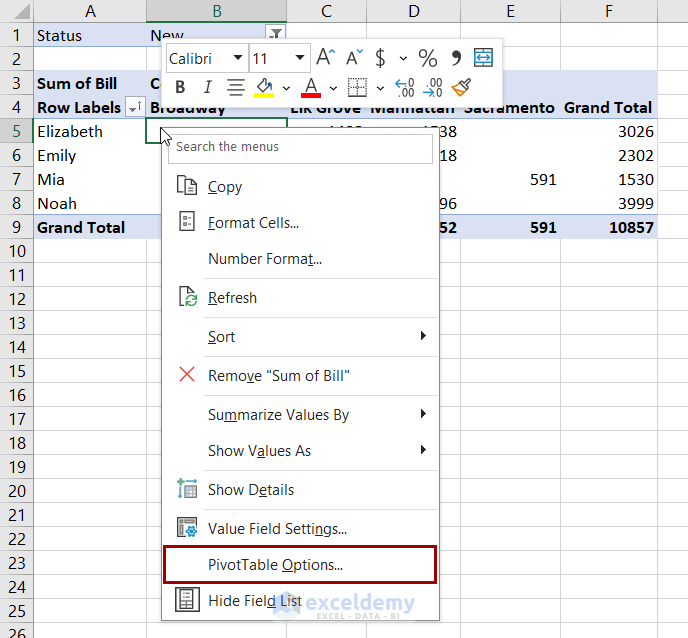 pivottable options in the context menu