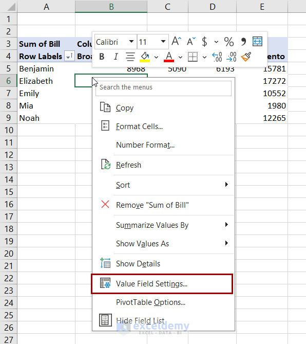 selecting value field settings from context menu to change format