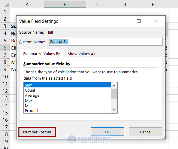 number format option in value field settings
