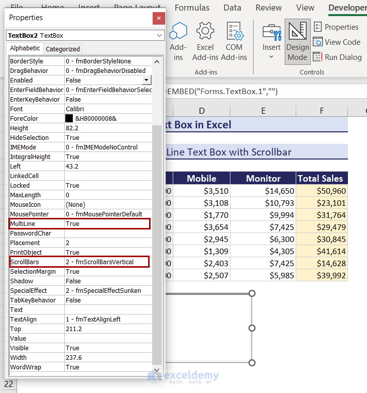 multiline and scrollbar options for activex text box