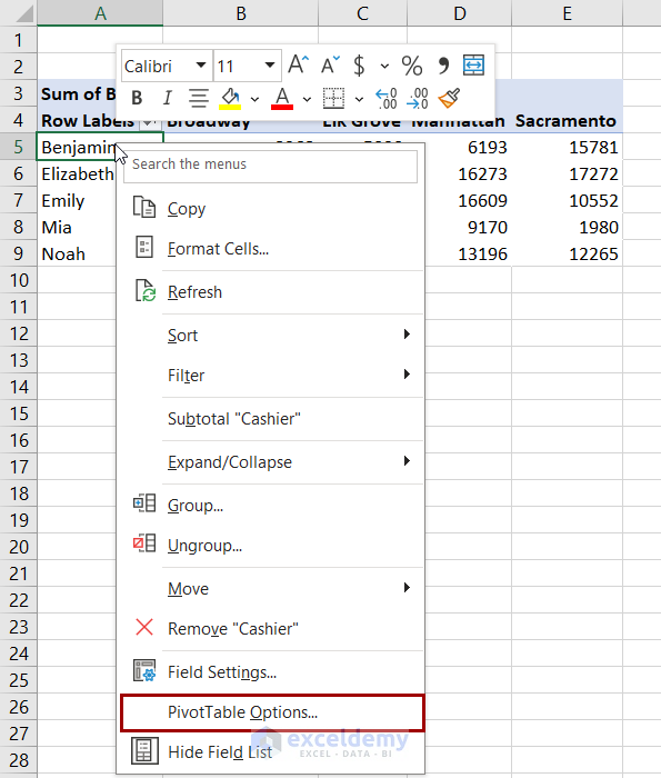 selecting pivottable options from the context menu