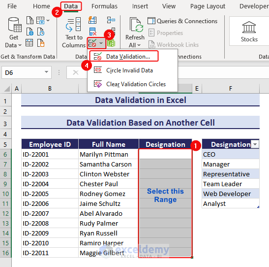 Selecting the Range for Data Validation