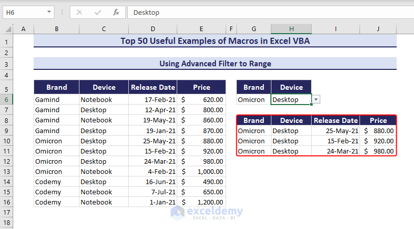 Advanced Filter output in macros in Excel VBA
