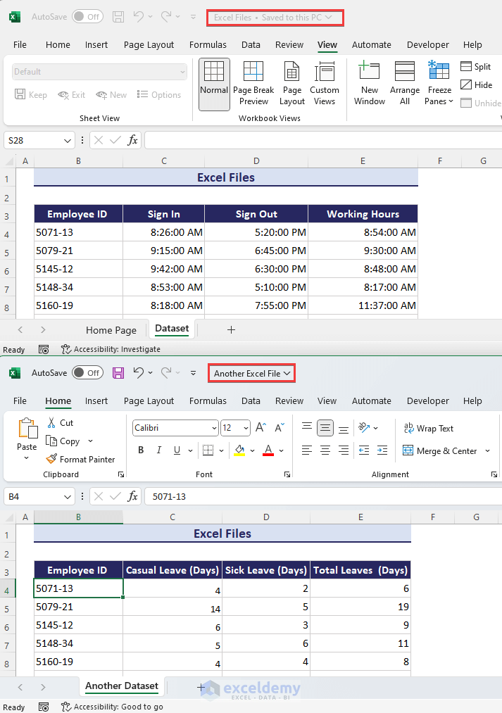 Viewing two excel files side by side