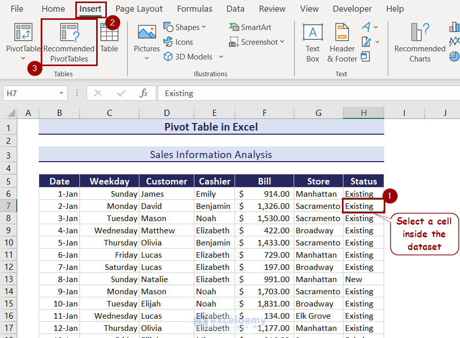 using recommended pivottables feature