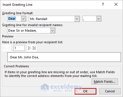  Preview in the Dialogue Box for Greeting Line in Mail Merge