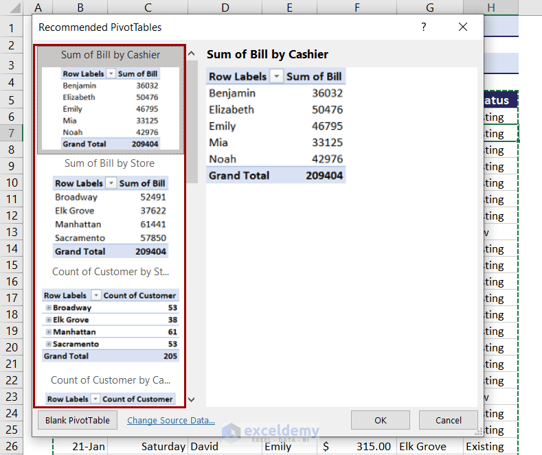 Excel recommending pivot table types