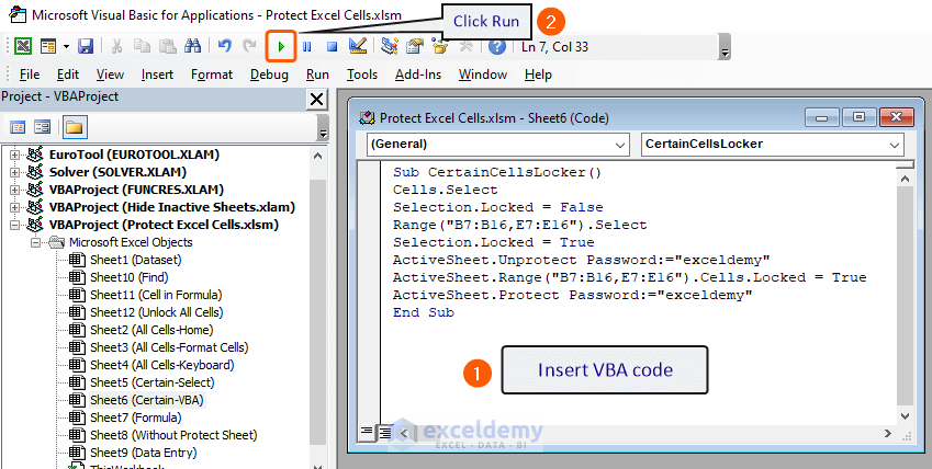 VBA code to lock certain cells in Excel