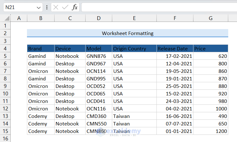 Formatting Worksheet with Fill Color
