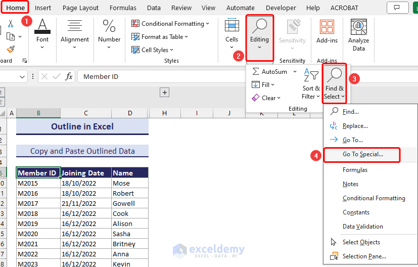 Selecting Find & Replace to Copy Outlined Data