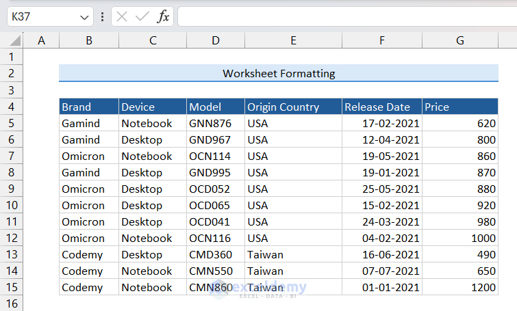 Worksheet with changed font color