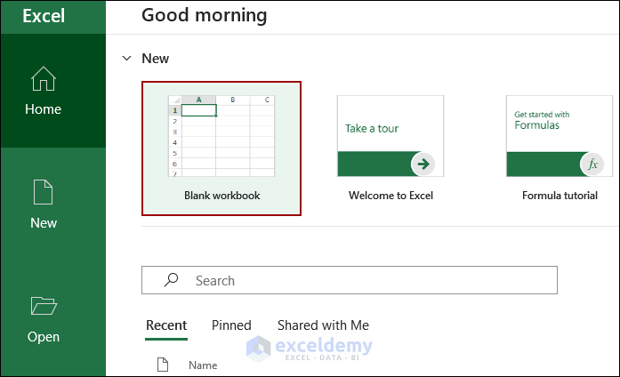 Selection of the Blank workbook option