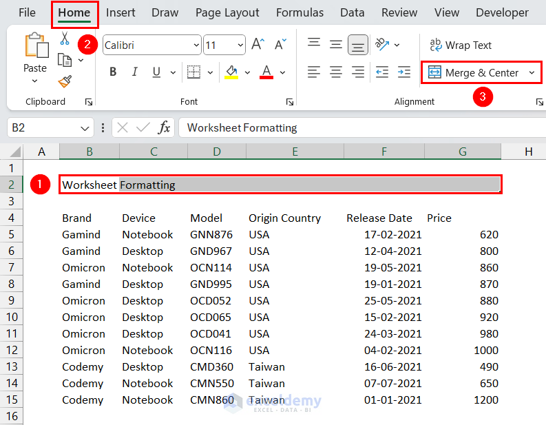 Applying Merge & Center Command to Format Title