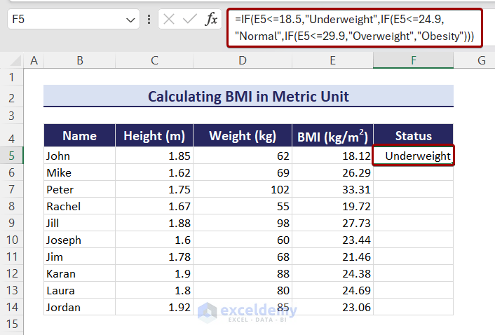 arithmetic formula for BMI status