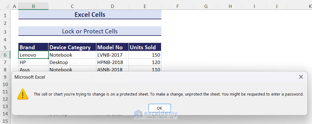 Warning on clicking protected cell