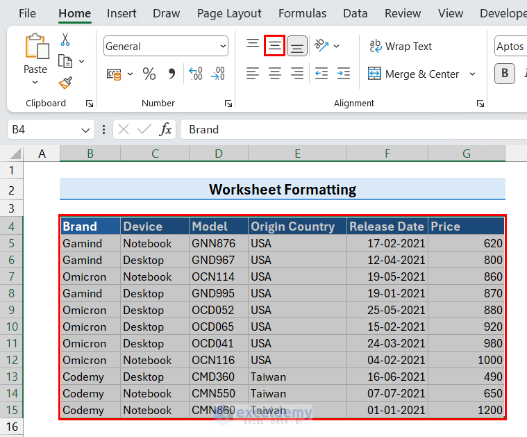 Changing Vertical Alignment for Worksheet Formatting