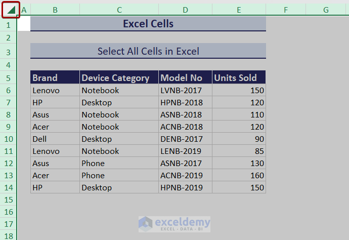 Select all cells using mouse