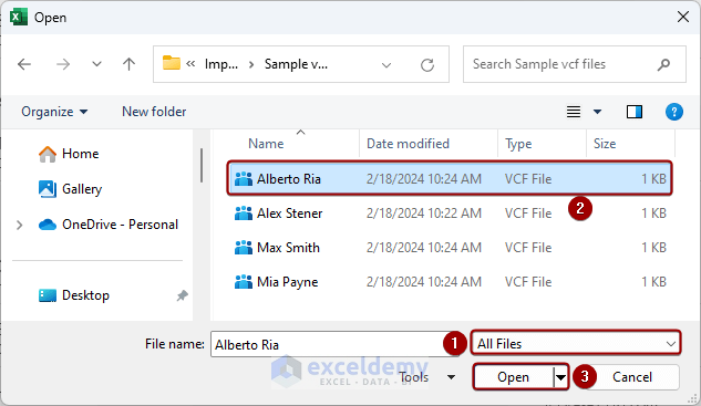 Selecting vcf file to import to Excel