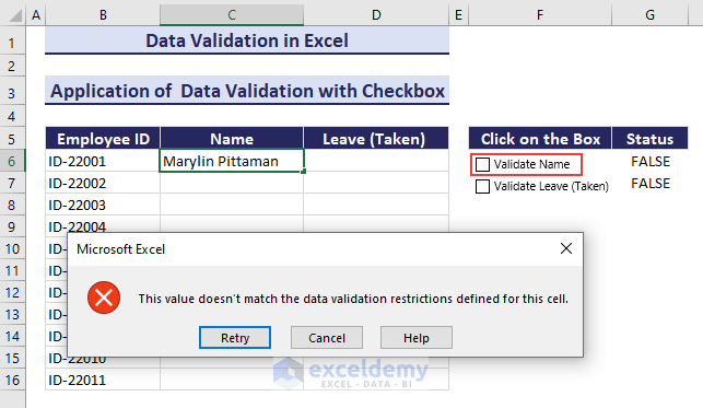 Checkbox is Unchecked in Data Validation
