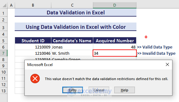 Valid and Invalid Data Type in Data Validation