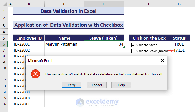 Dialogue Box Showing Invalid Data Types in the Data Validation