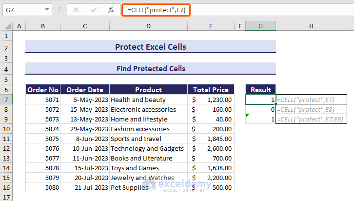 CELL function to find protected Excel cells