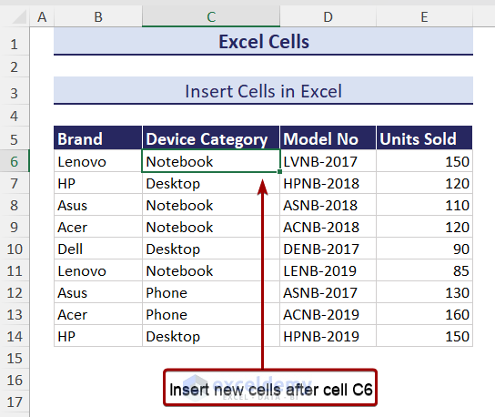 Select the existing cell to insert new cell