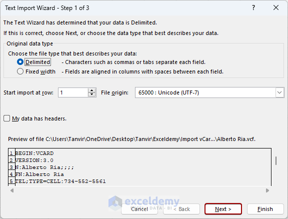 Text to import wizard step 1 of 3
