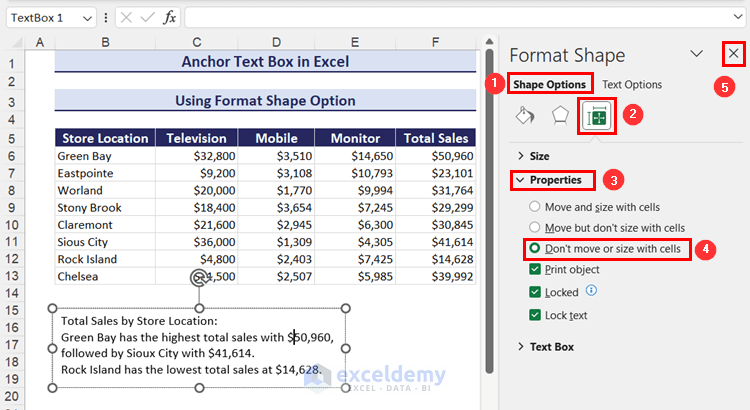 Choosing Don't move or size with cells option to anchor text box in excel