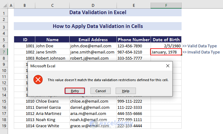 Invalid Data Type not Allowed in Data Validation