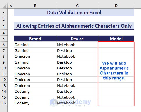  Data set for Alphanumeric Values with Data Validation