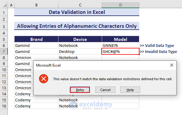Valid and Invalid Data in the Data Validation