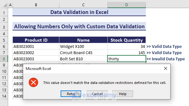  Valid and Invalid Data by Custom Data Validation