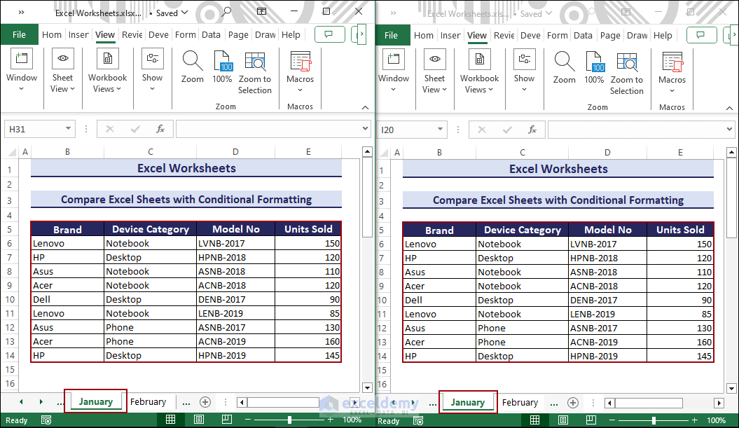 Arrange workbook windows vertically to compare sheets