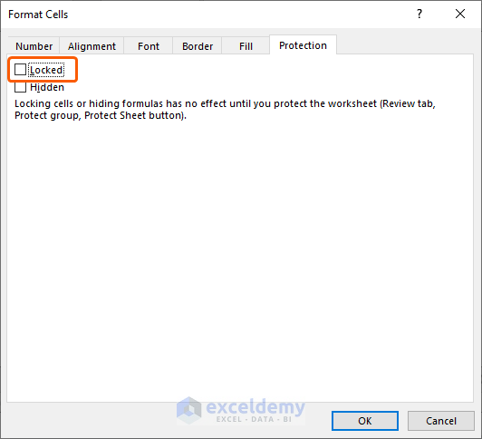 Unmark Locked option to unlock Excel cells