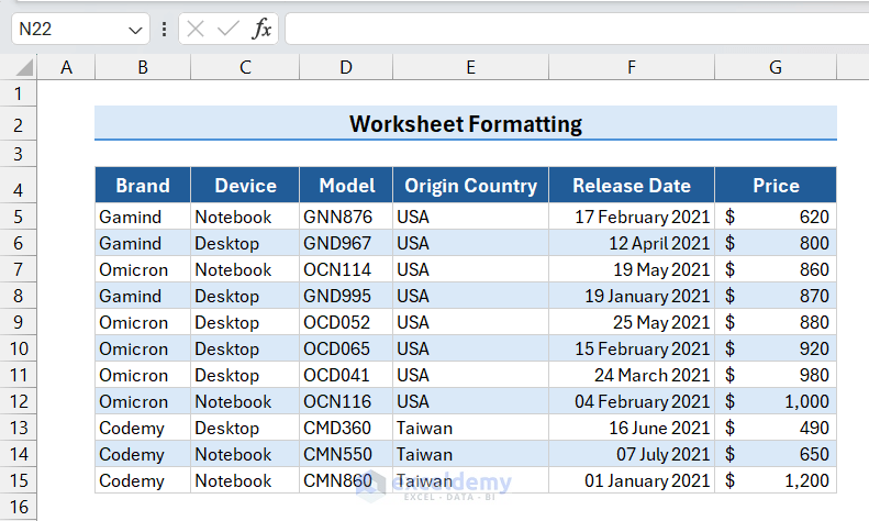 Dataset with alternating row fill colors