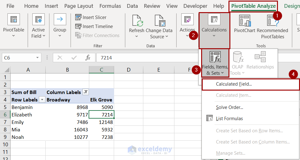 selecting calculated field option for pivot table