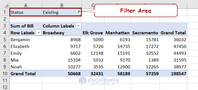 filter area in a pivot table
