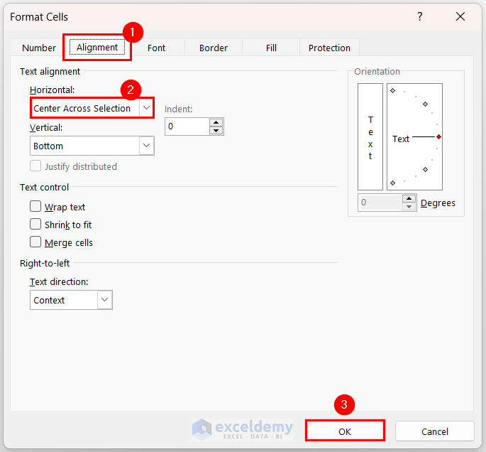 Setting Horizontal Text Alignment to Center Across Selection option