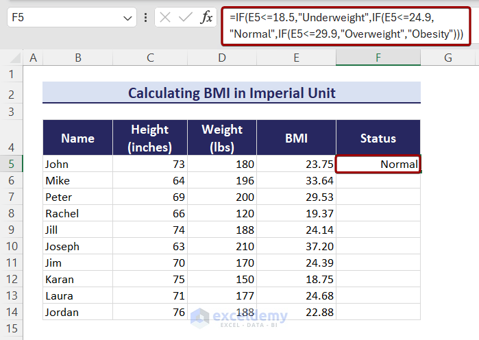 calculating BMI status for individuals