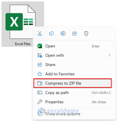 Compressing excel file from context menu