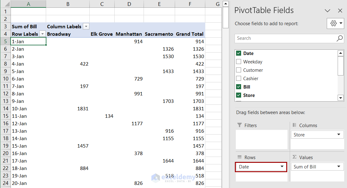 pivot table with date rows