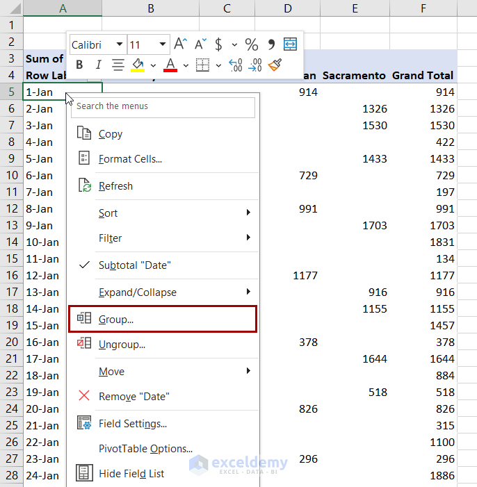 grouping option from context menu